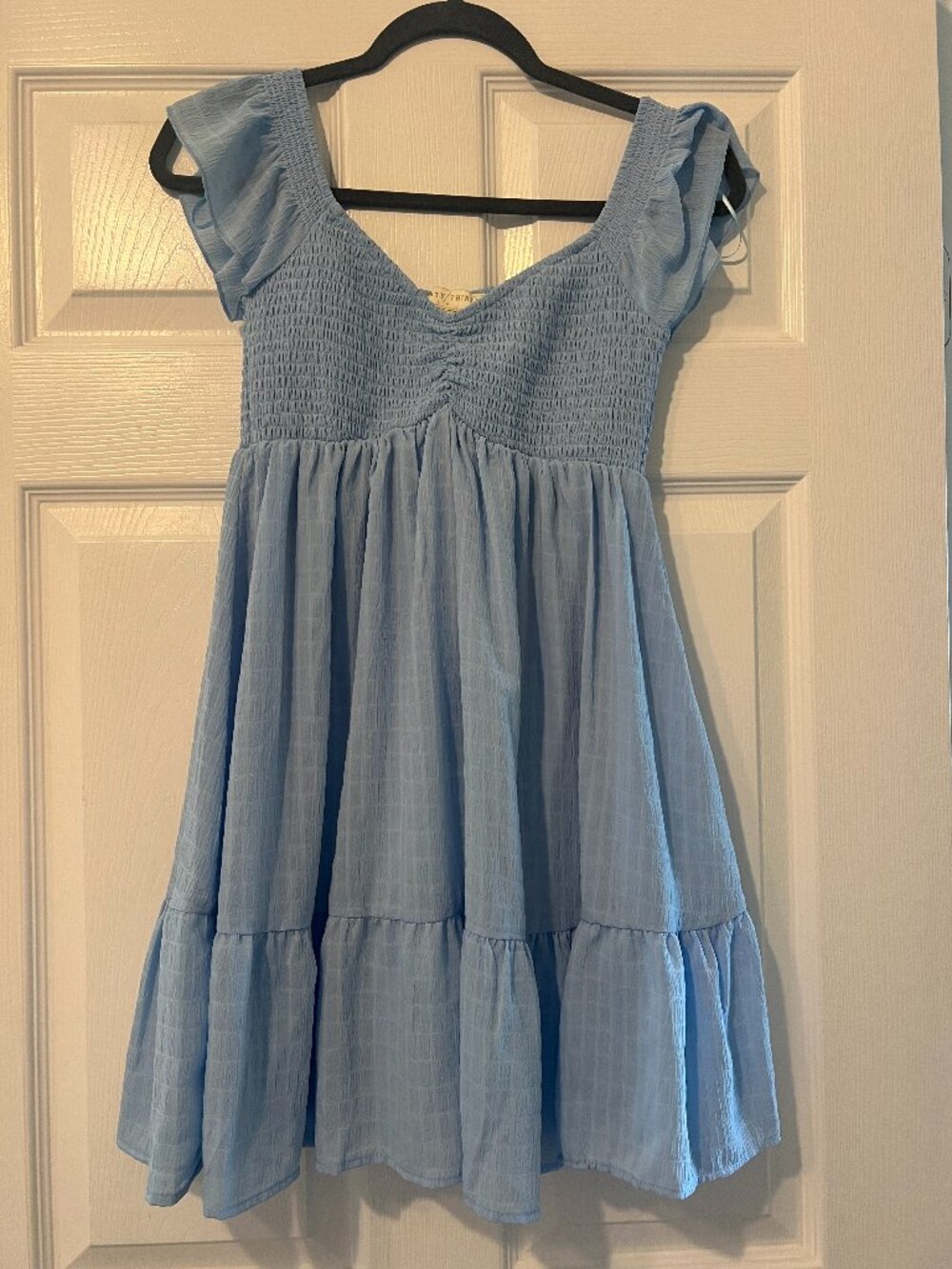 Thirty/Thirty LA Blue Textured Smocked Tiered Ruffle Mini Dress Small
